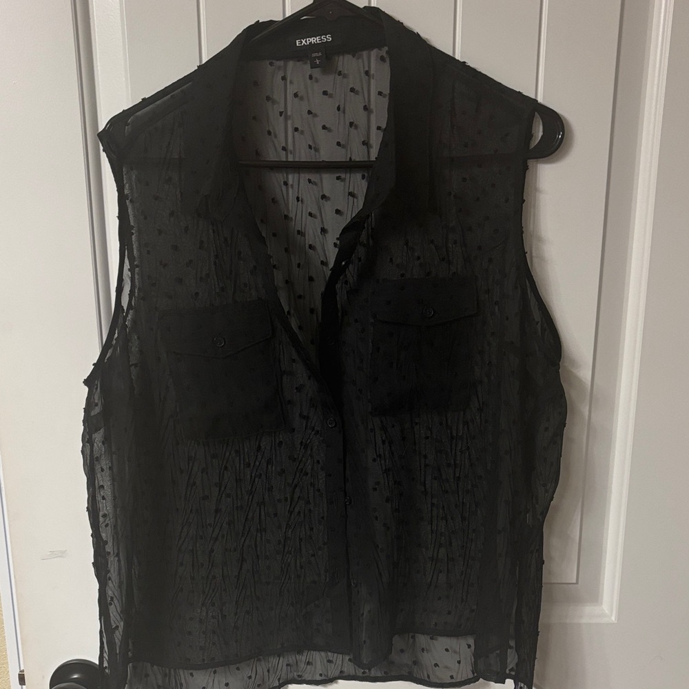 Express Black Sheer Swiss Dot Sleeveless Button-Up Blouse